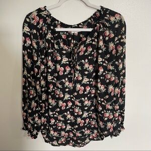 Pleione semi- sheer peasant tie neck black/ pink floral rose blouse M